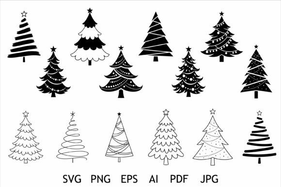 Fourteen Christmas tree designs in black and white, featuring different patterns and ornaments.