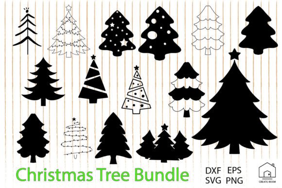 Various Christmas tree silhouettes and outlines with stars and ornaments.