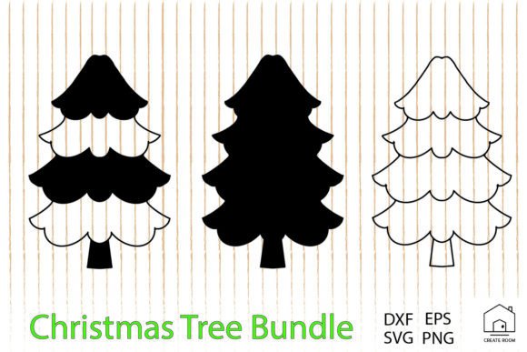 Three stylized Christmas tree designs, one solid and two outlined.