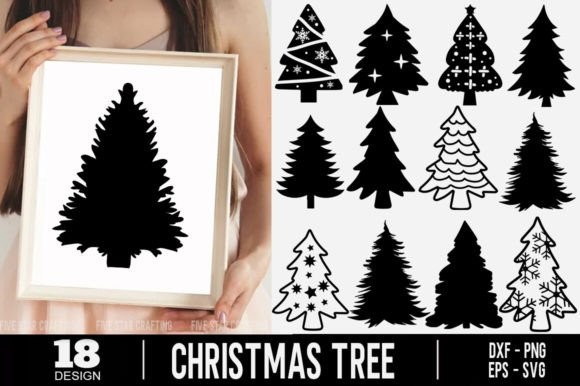 Framed black silhouette of a Christmas tree held by a person, with smaller tree designs on the side.