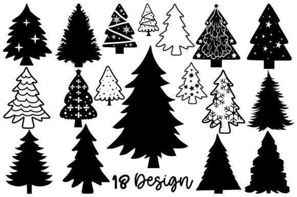 Eighteen different black and white Christmas tree silhouettes with various patterns and designs.