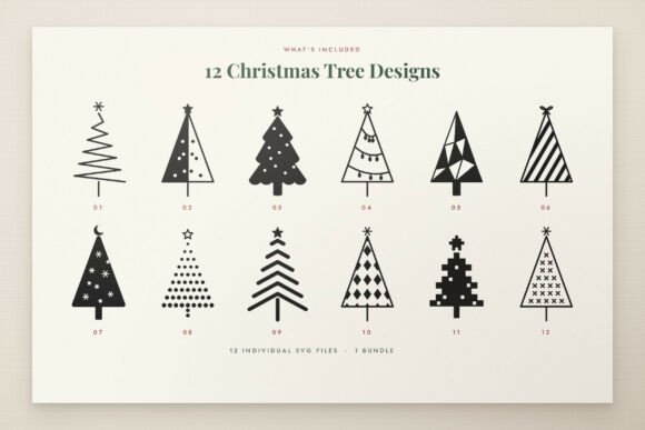 Twelve black Christmas tree designs on a white background, each uniquely styled.