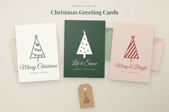 Three Christmas greeting cards with tree designs, each in different colors and messages.