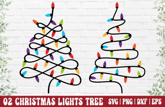 Two Christmas tree designs with colorful lights in SVG format for Cricut projects.