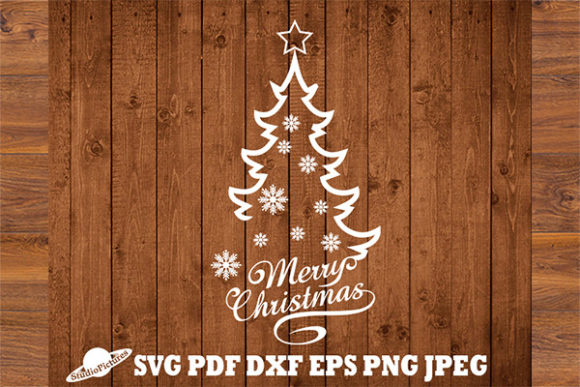 White Christmas tree design with snowflakes and 'Merry Christmas' text on a wooden background.