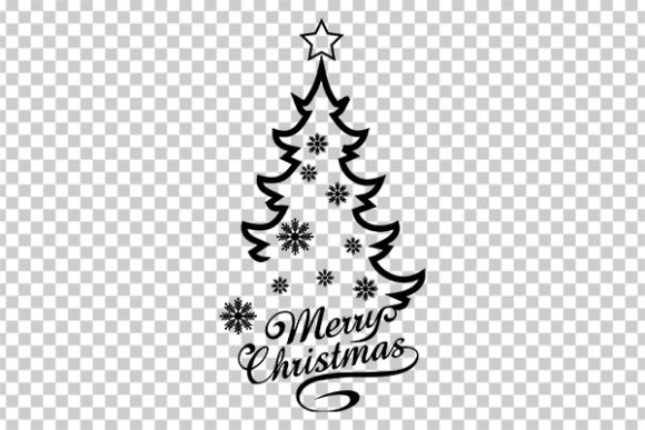 Black Christmas tree design with snowflakes and 'Merry Christmas' text on a transparent background.