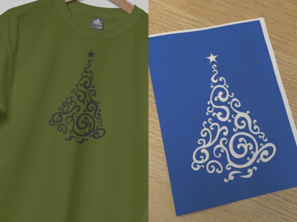 Baroque Christmas tree design displayed on a green shirt and a blue holiday card.