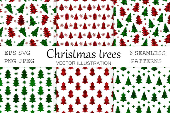 Pattern with red and green buffalo plaid Christmas trees and stars on a white background.