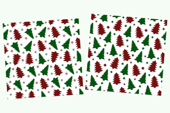 Two square sheets with buffalo plaid Christmas trees and stars in red and green on white.