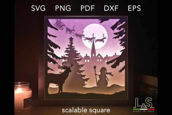 Christmas shadow box SVG with deer, trees, and Santa's sleigh against a purple night sky for Cricut projects.