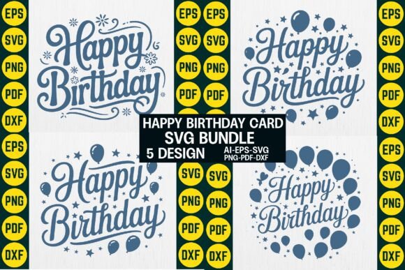 Four blue 'Happy Birthday' card designs with decorative text and balloons.
