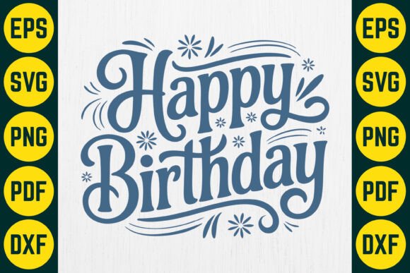 Single blue 'Happy Birthday' design with decorative text and flourishes.