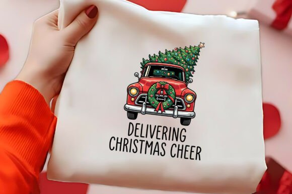 Person holding fabric featuring a red truck with a Christmas tree and 'Delivering Christmas Cheer' text.