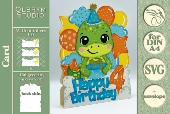 3D card with a cute green dinosaur, balloons, and 'Happy Birthday' text.