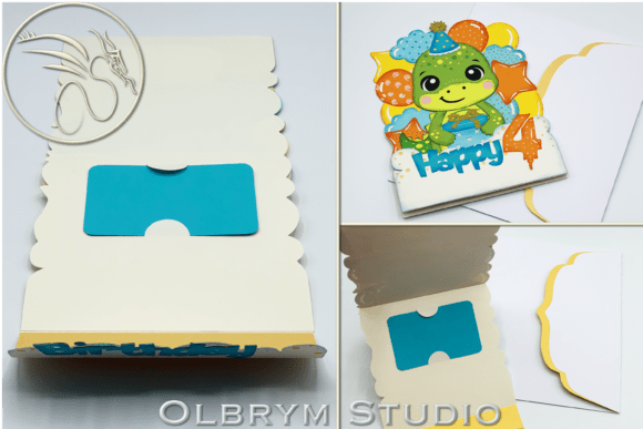 Open card showing a pocket inside and a dinosaur design on the front.