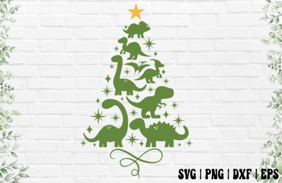 Green dinosaur-shaped Christmas tree with star and ornaments, suitable for Cricut projects.