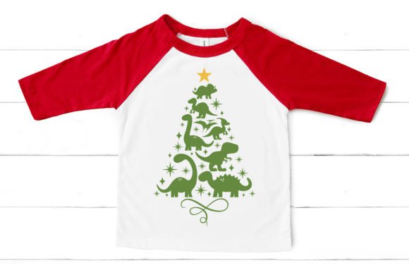 T-shirt featuring a green dinosaur-shaped Christmas tree with a star, ideal for festive crafting.