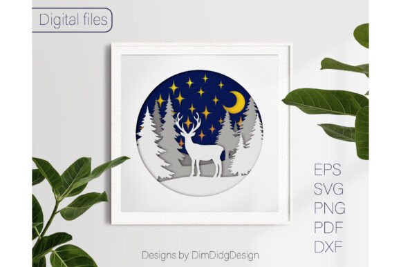 3D layered shadow box with a deer, trees, stars, and a moon in a circular frame.