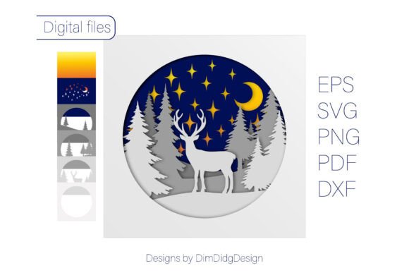 Digital preview of a 3D layered shadow box with a deer, trees, stars, and a moon.