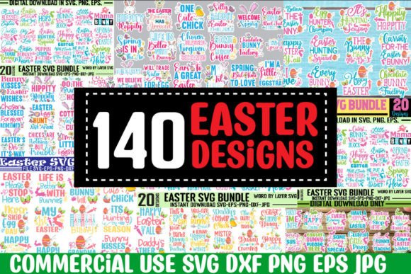 Collage of 140 Easter-themed SVG designs for Cricut with phrases like 'Easter Bunny' and 'Chick Magnet'.