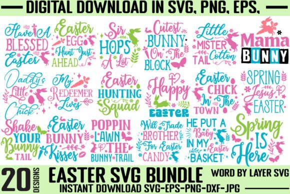 Collection of 20 Easter SVG designs featuring phrases like 'Mama Bunny' and 'Easter Egg Hunt'.