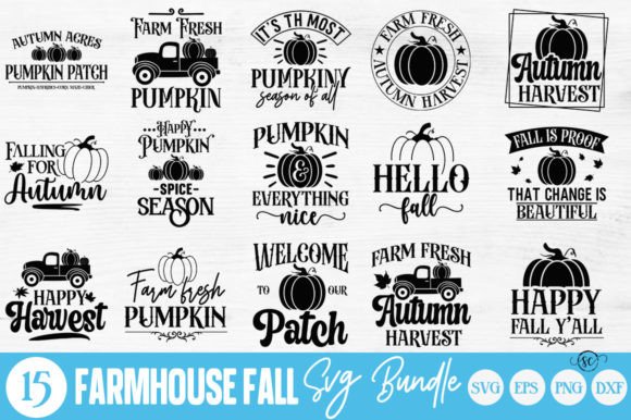 Farmhouse fall SVG bundle featuring pumpkins, fall phrases, and harvest designs for crafting.