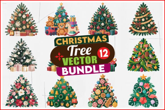 Nine festive Christmas tree designs with ornaments and gifts.