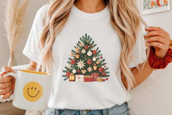 Woman wearing a white shirt with a Christmas tree design, holding a mug.