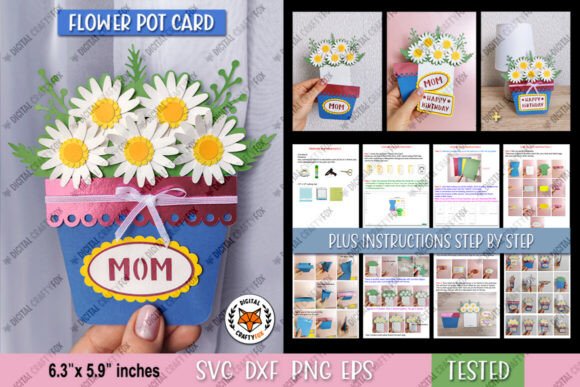Hand holding a flower pot card with daisies and 'Mom' label.