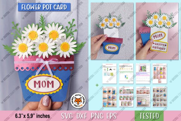 Flower pot card with daisies and interchangeable 'Mom' and 'Happy Birthday' labels.