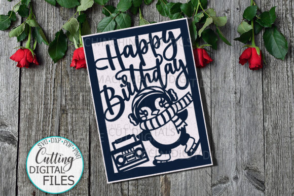 Birthday card SVG with a penguin wearing headphones and scarf, holding a boombox, designed for Cricut cutting.