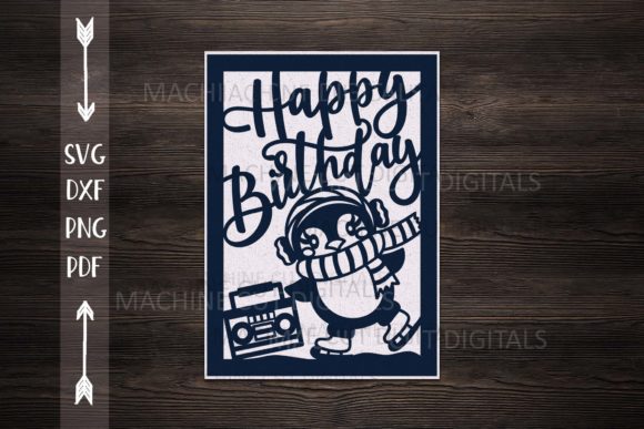 SVG design of a penguin with headphones and scarf, perfect for birthday cards using Cricut.