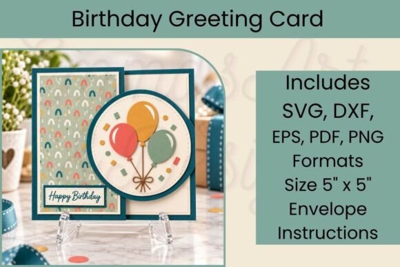 Folded birthday card with colorful balloon design and 'Happy Birthday' text.