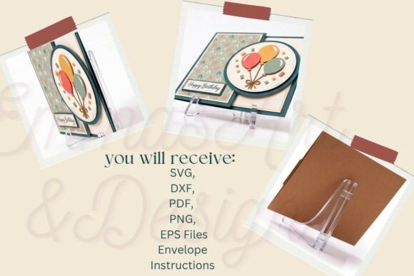 Open birthday card showing balloon design and patterned interior, with a brown envelope.