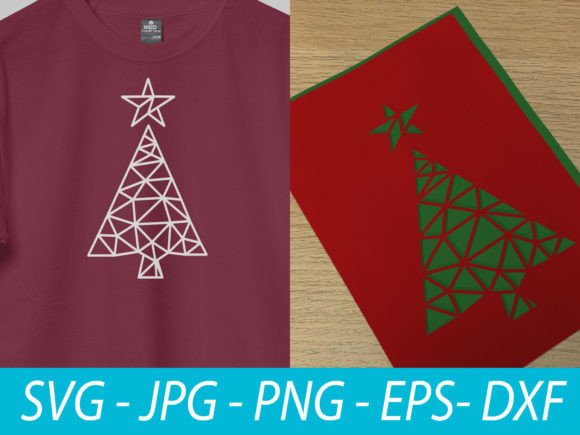 Geometric Christmas tree design on a red shirt and red paper with green cutout.