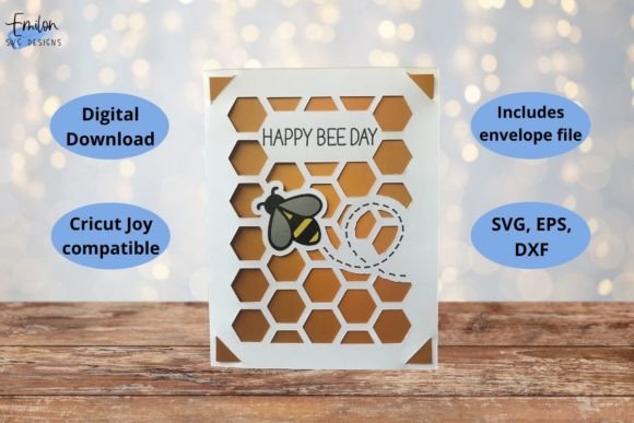 White card with honeycomb cutouts, bee illustration, and 'Happy Bee Day' text.