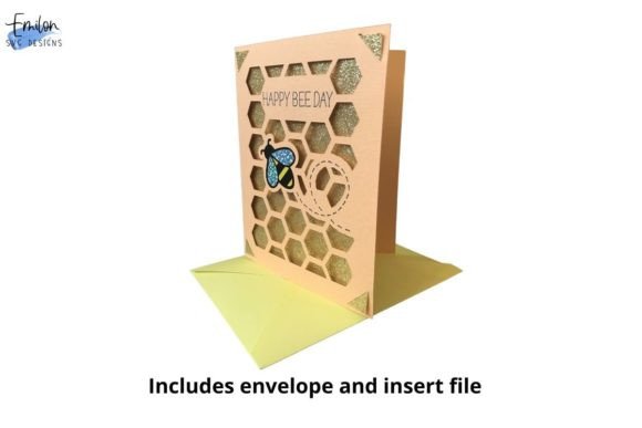 Peach card with honeycomb cutouts, bee illustration, 'Happy Bee Day' text, and matching envelope.