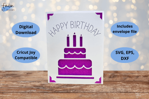 A white card with a purple layered cake and candles design, 'Happy Birthday' text above.