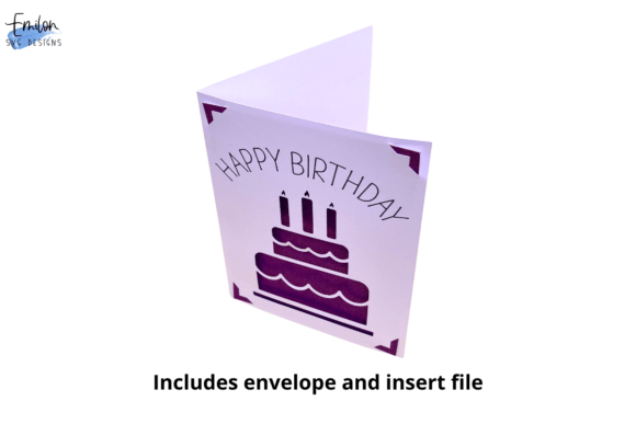 A folded white card showing a purple cake with candles and 'Happy Birthday' text on the front.
