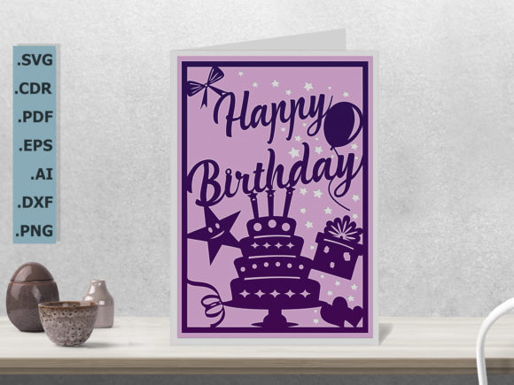 Purple birthday card SVG with cake, stars, and gifts for Cricut projects.