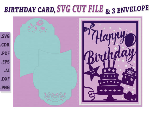 SVG cut file with purple birthday card and three blue envelopes for crafting.
