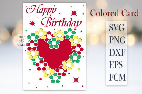 Birthday card design with a red heart made of colorful flowers and 'Happy Birthday' text.