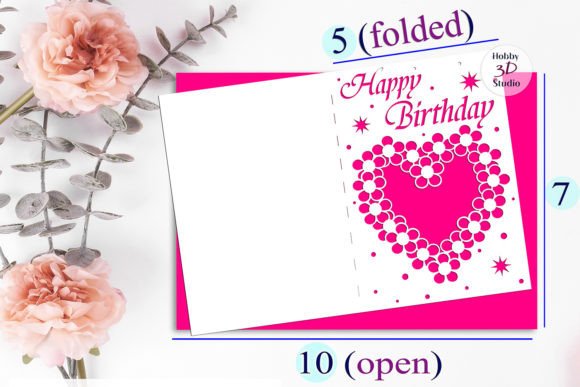 Open pink and white birthday card with a floral heart and 'Happy Birthday' text on the right side.