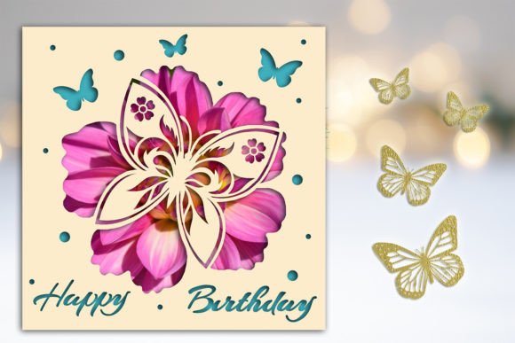 Square card with pink flower and butterfly cutout, 'Happy Birthday' text, and blue butterflies.