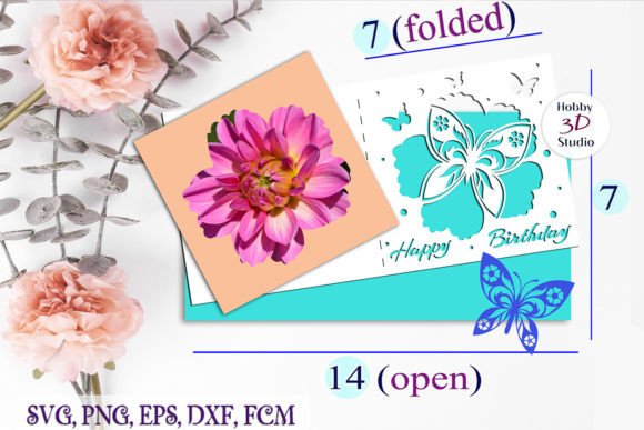 Card design template showing pink flower and butterfly cutout with 'Happy Birthday' text, unfolded dimensions labeled.