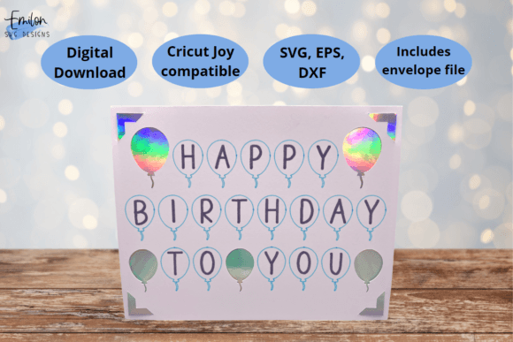 White card with 'HAPPY BIRTHDAY TO YOU' and balloon graphics in holographic foil.