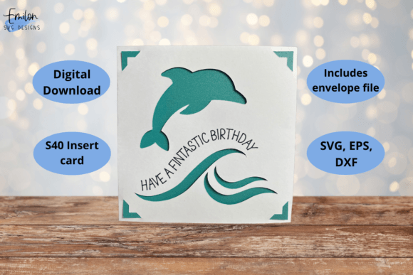 Square birthday card with teal dolphin and waves, text 'Have a fintastic birthday'.