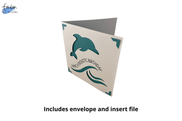 Open square card showing teal dolphin design and 'Have a fintastic birthday' text.