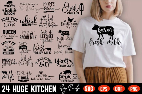 Collage of kitchen-themed SVG designs with phrases and cow illustrations.