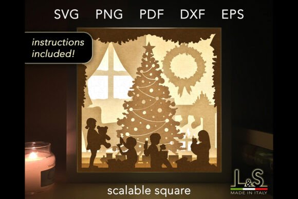 Shadow box with children and a decorated Christmas tree in a cozy room.